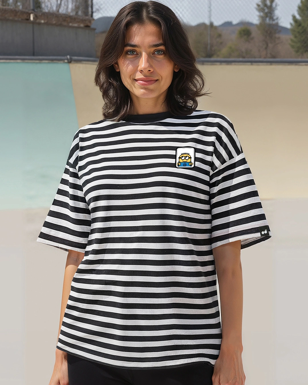 Women's White Minion Striped Oversized T-shirt thumbnail 1
